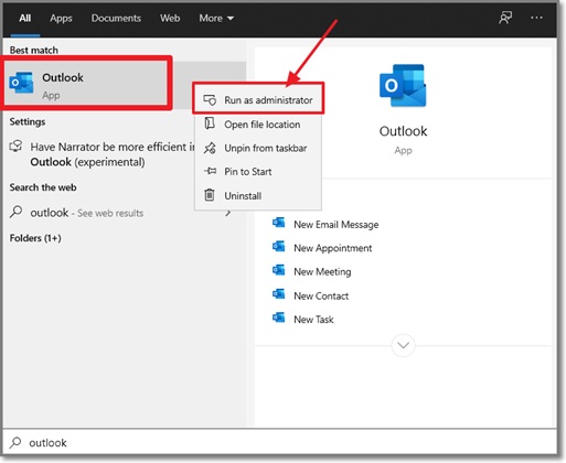 Outlook program Run as administrator