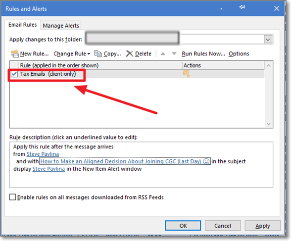 client side rule in outlook windows